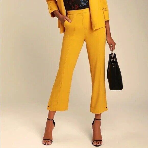 Lulu’s Yellow Cropped Slits Pleated Work Career Pants Slacks Zipper Size Small - Picture 1 of 15
